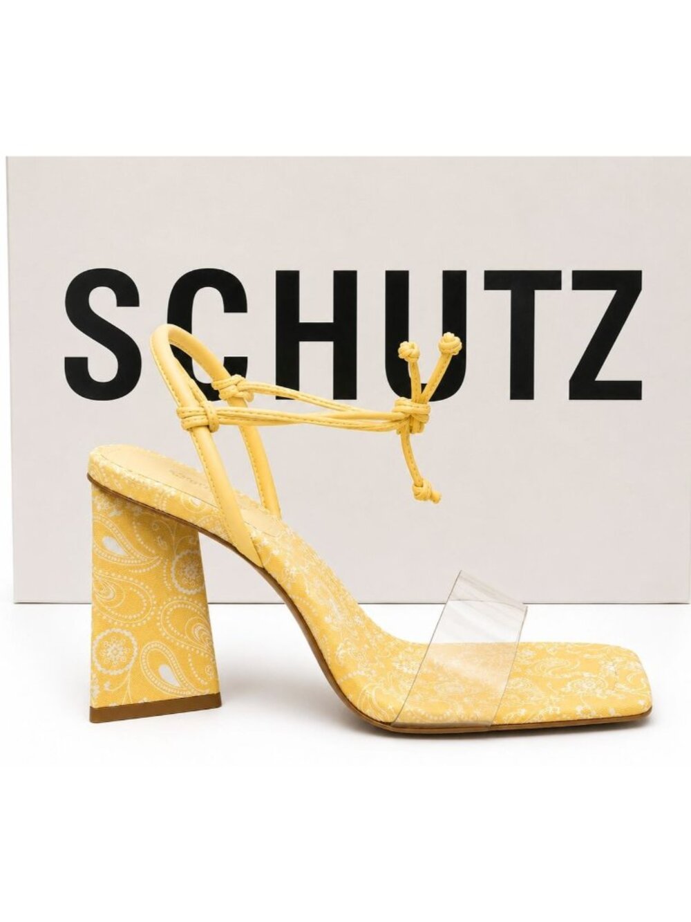 Yellow Paisley Clear Strap Square Toe Block Heel Sandals Women 5.5 B Schutz